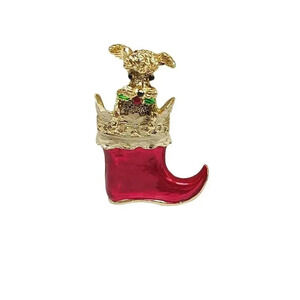 Gerrys Red Enamel Christmas Stocking with Poodle Brooch Pin Gold Tone Vintage